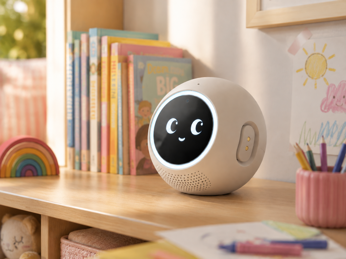 TELLo companion with an illuminated smiling face sitting on a sunny wooden playroom bookshelf next to children's storybooks.